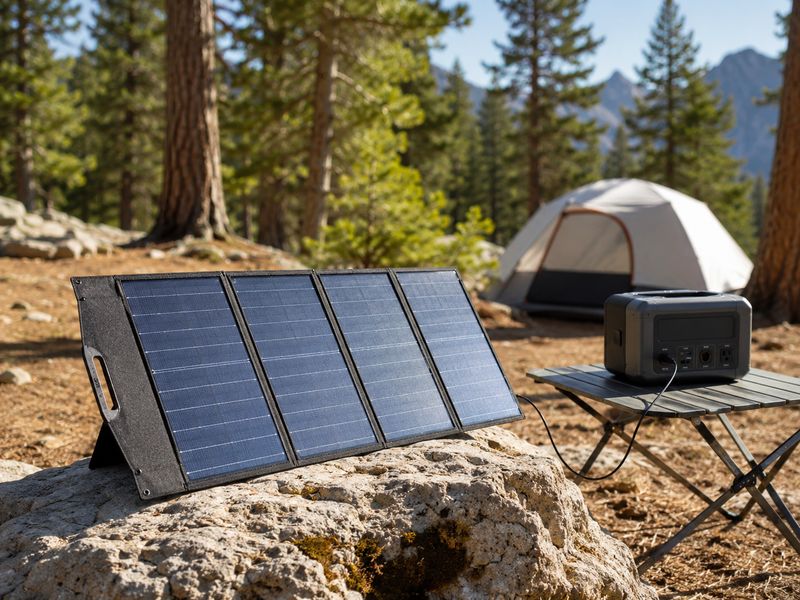 Portable folding solar panel at campsite