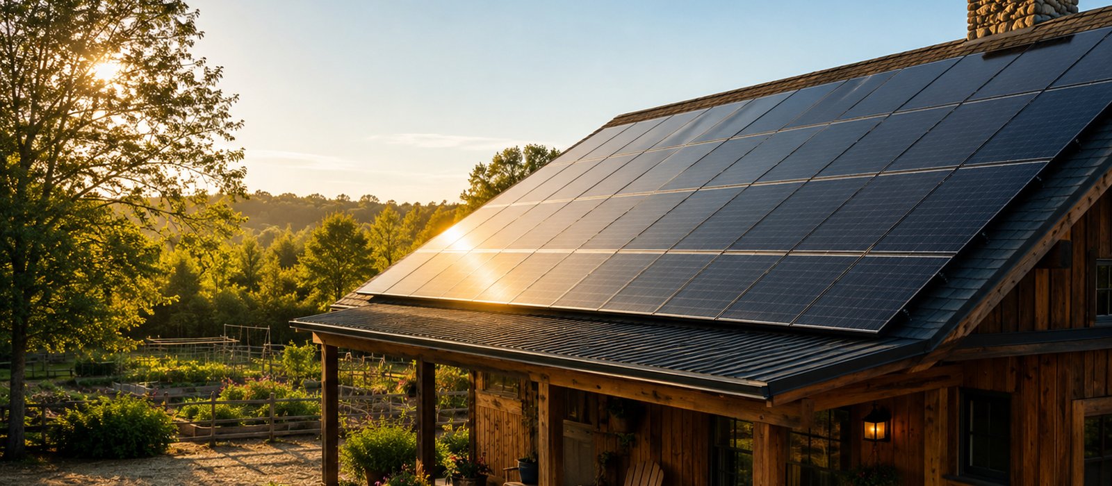 Solar panels on a homestead cabin at golden hour