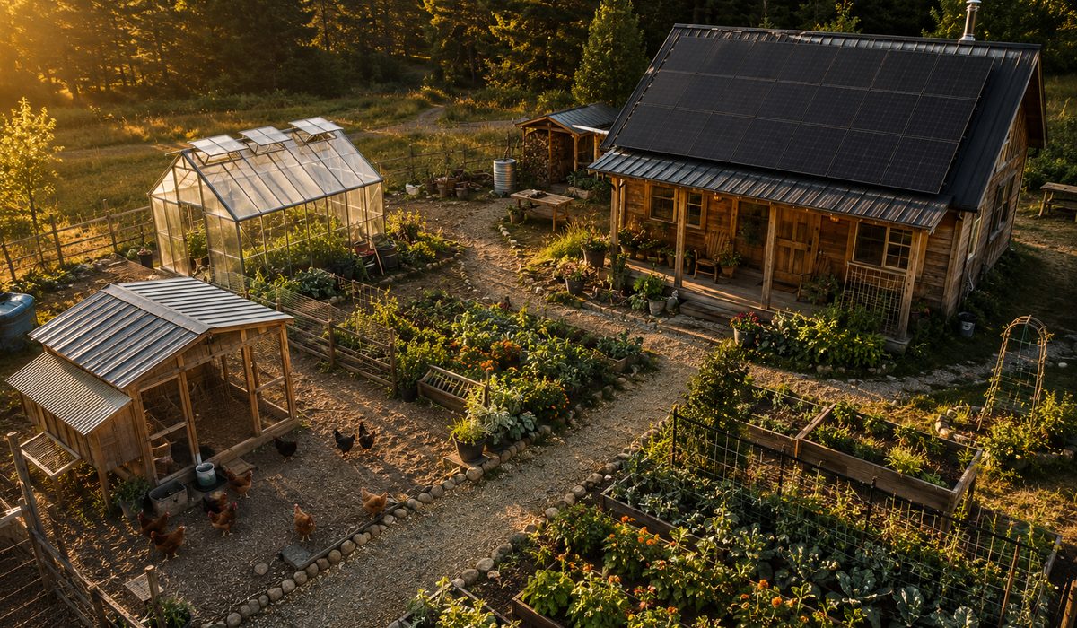 Self-sufficient homestead with solar panels